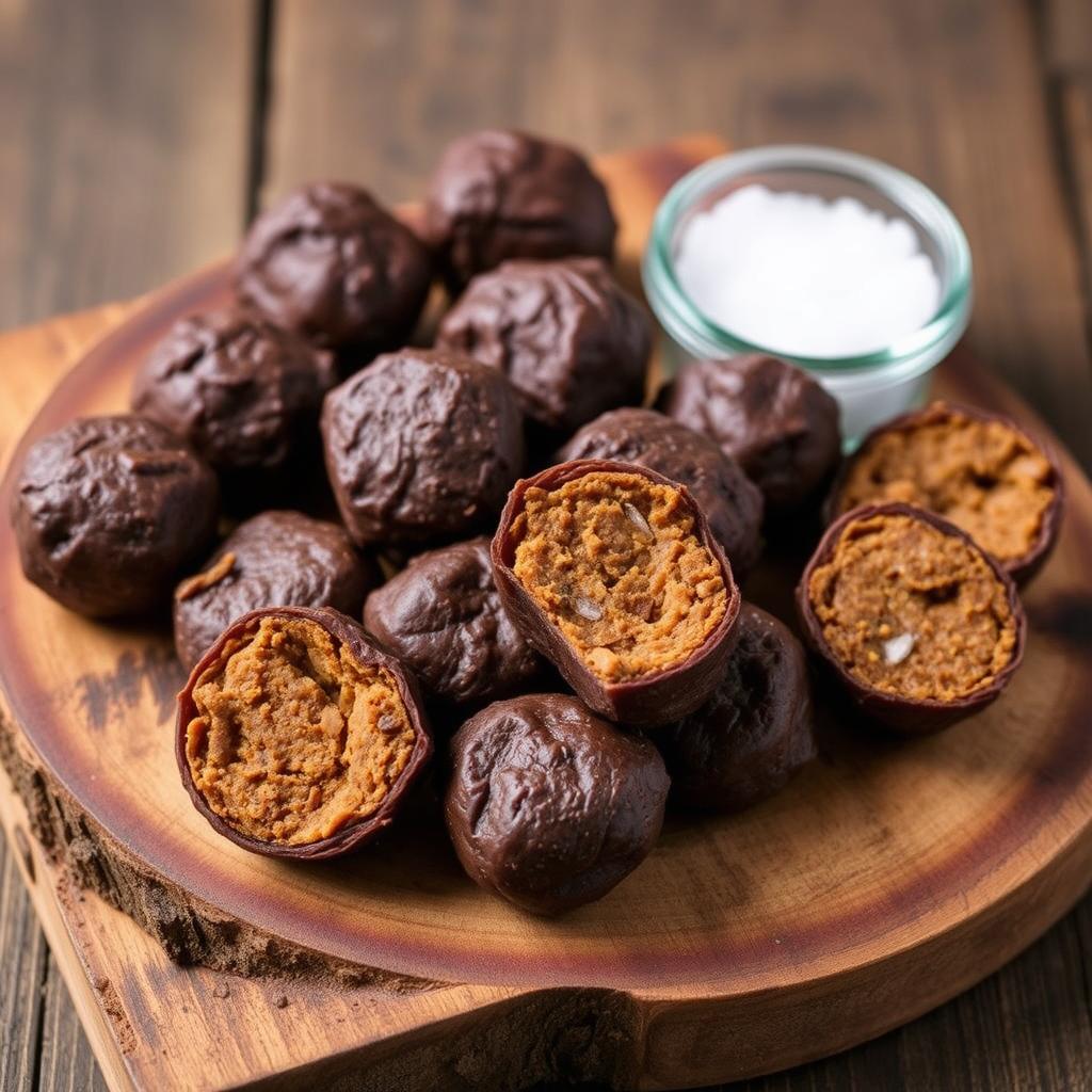 Homemade pemmican bites on a wooden board for carnivore diet snacks