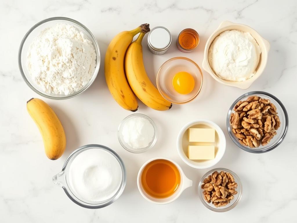 Ingredients for Banana Nut Bread recipe laid out on a kitchen counter Ingredients for Banana Nut Bread recipe laid out on a kitchen counter