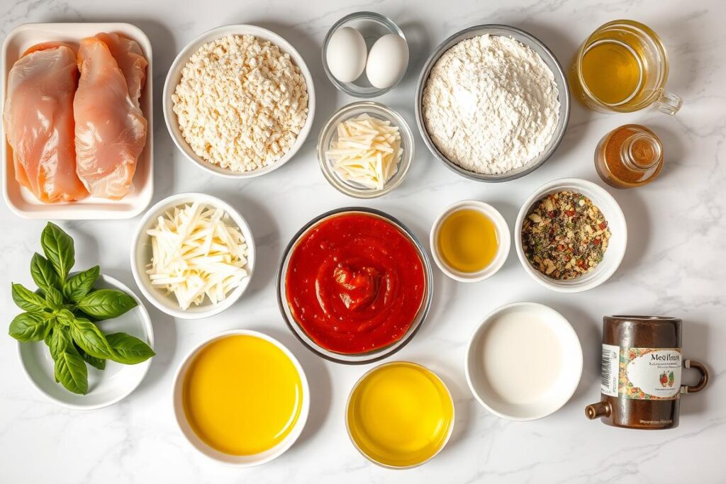 Ingredients for chicken parm sandwich laid out on a kitchen counter