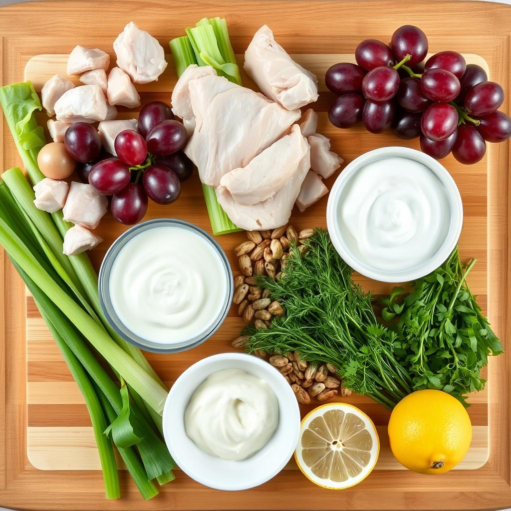 Ingredients for chicken salad recipe laid out on a wooden cutting board Ingredients for chicken salad recipe laid out on a wooden cutting board