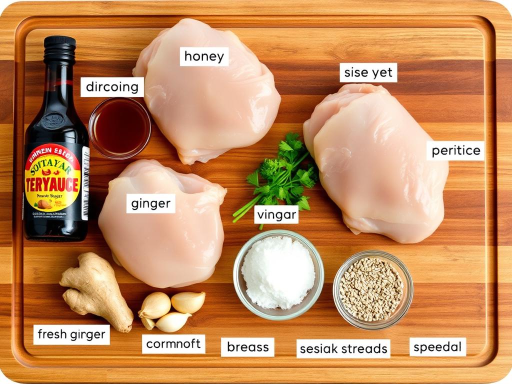 Ingredients for teriyaki chicken laid out on a wooden surface Ingredients for teriyaki chicken laid out on a wooden surface