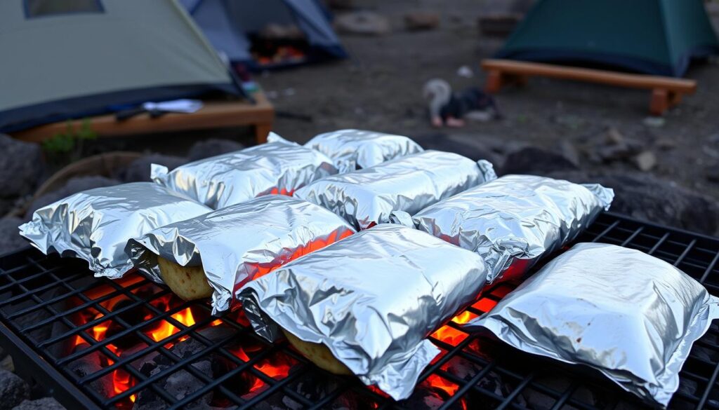 Make-ahead breakfast burritos wrapped in foil being heated over a campfire Make-ahead breakfast burritos wrapped in foil being heated over a campfire