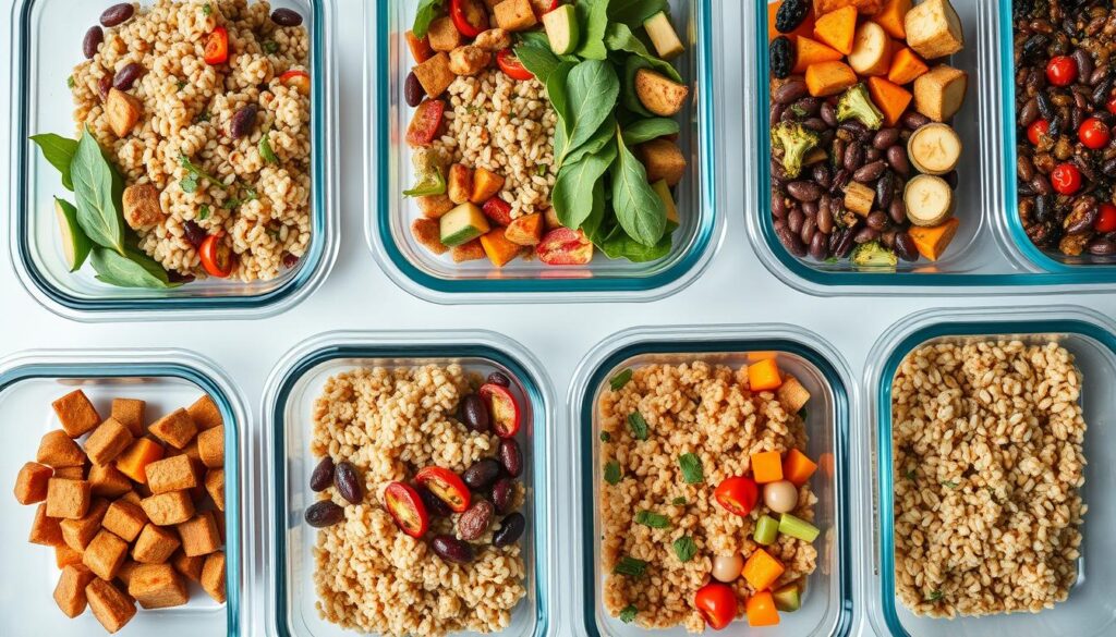 Meal prep containers with various vegan gluten free meals ready for the week Meal prep containers with various vegan gluten free meals ready for the week