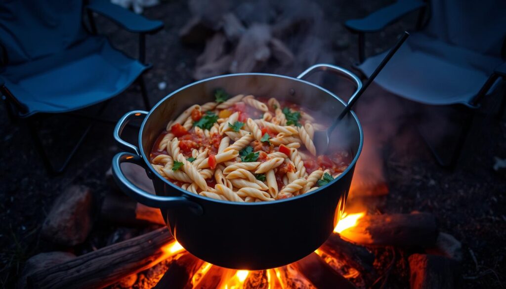 One-pot pasta cooking over a campfire with vegetables and sauce One-pot pasta cooking over a campfire with vegetables and sauce