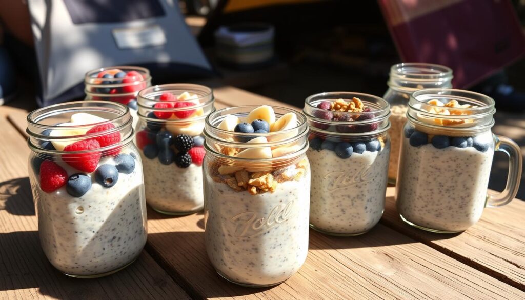 Overnight oats in mason jars with various toppings Overnight oats in mason jars with various toppings