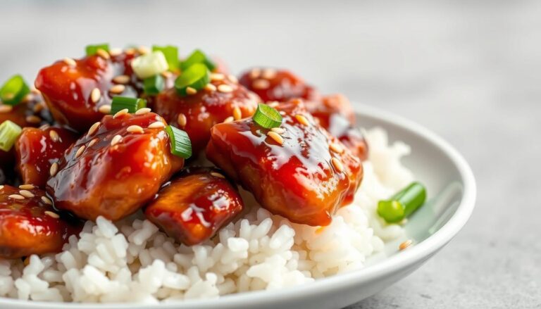 Perfectly glazed teriyaki chicken with sesame seeds served over rice