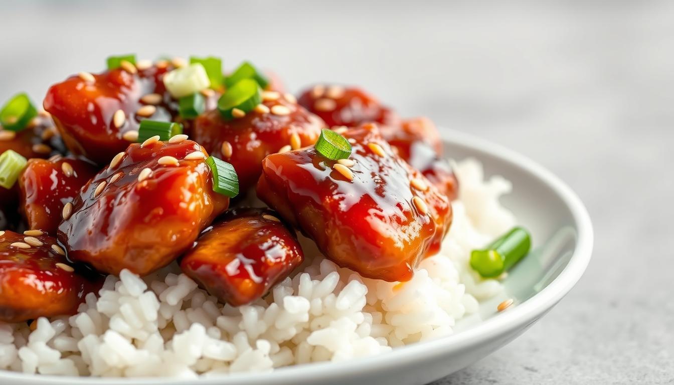 Perfectly glazed teriyaki chicken with sesame seeds served over rice