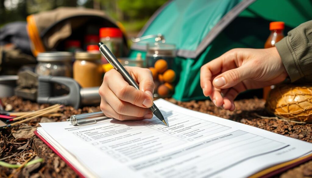 Person checking off items on a camping meal planning checklist Person checking off items on a camping meal planning checklist