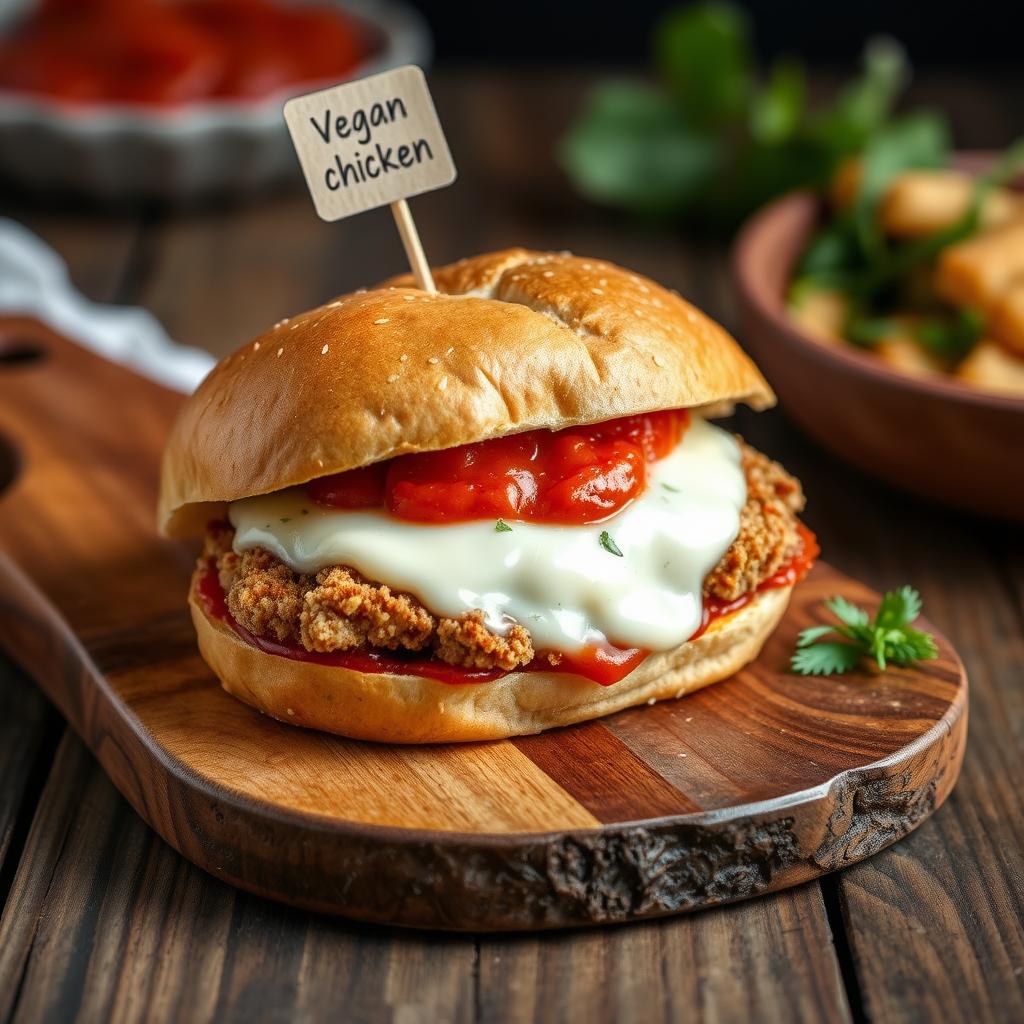Plant-based chicken parm sandwich with vegan cheese Plant-based chicken parm sandwich with vegan cheese