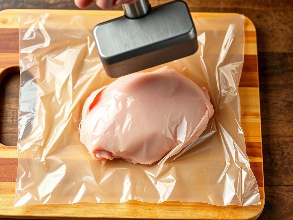 Pounding chicken breasts between plastic wrap to an even thickness