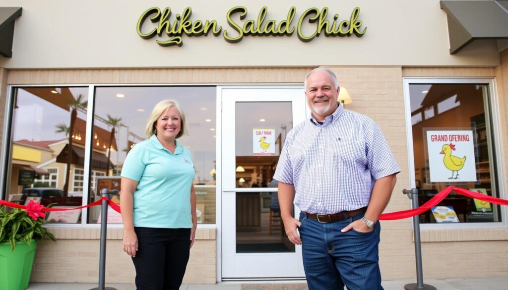 Proud Chicken Salad Chick franchise owners in front of their restaurant Proud Chicken Salad Chick franchise owners in front of their restaurant