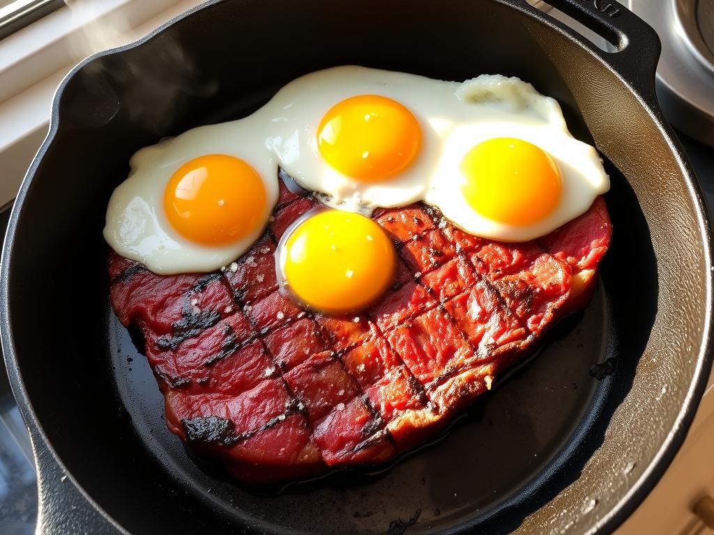 Ribeye steak with fried eggs on a cast iron skillet for carnivore diet breakfast