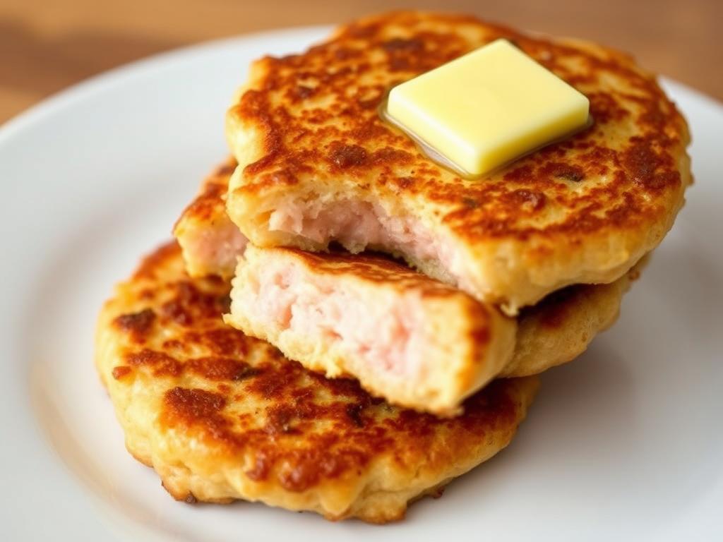 Salmon patties cooked to a golden brown on a plate for carnivore diet lunch