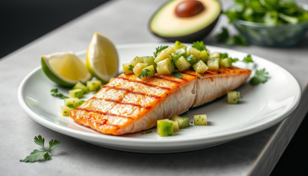 Salmon with avocado salsa on a white plate