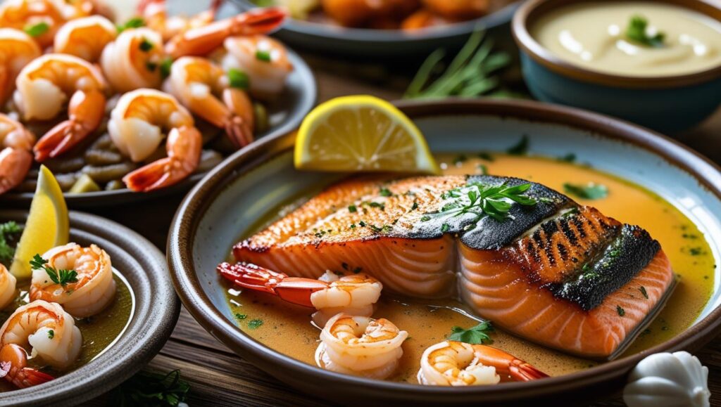 Easy seafood recipe including shrimp tacos, baked cod, and garlic butter shrimp.