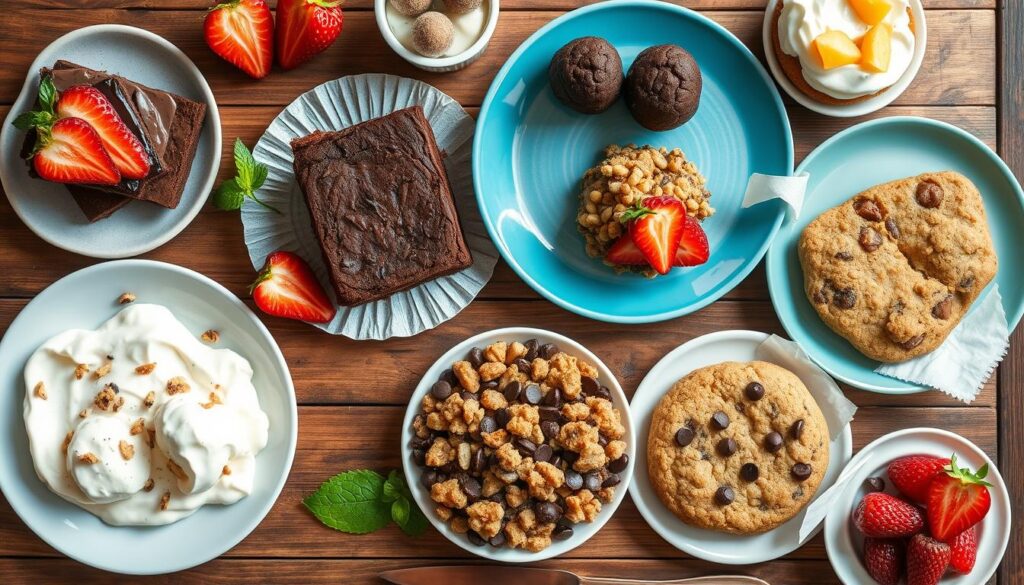 Selection of vegan gluten free desserts including brownies, energy balls, and fruit-based treats Selection of vegan gluten free desserts including brownies, energy balls, and fruit-based treats