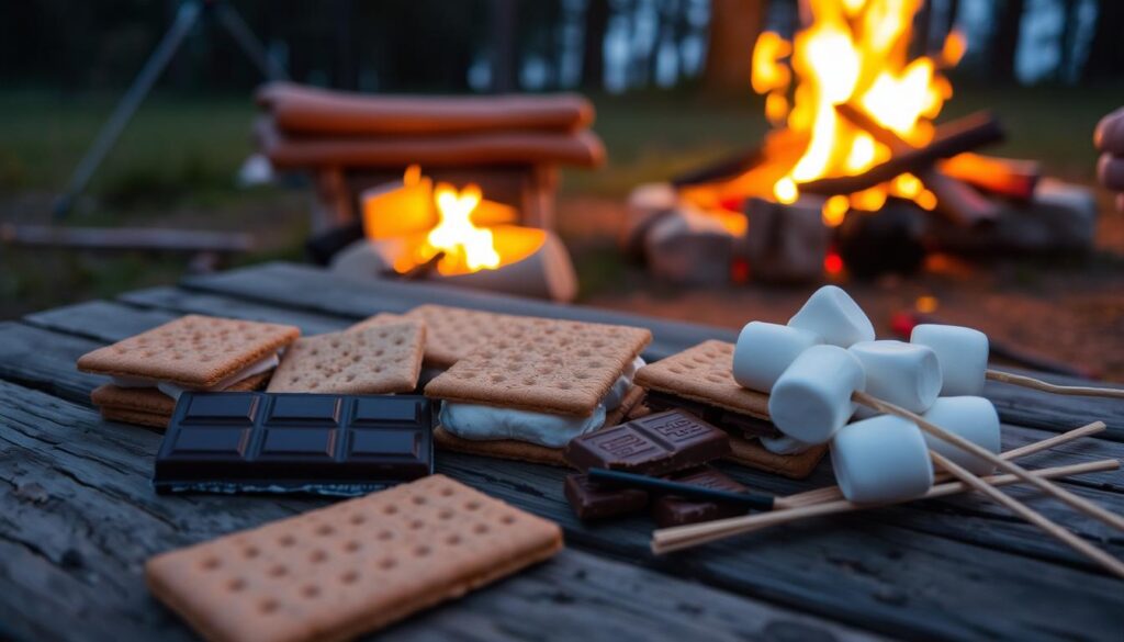 S'mores ingredients laid out on a camping table ready for assembly S'mores ingredients laid out on a camping table ready for assembly