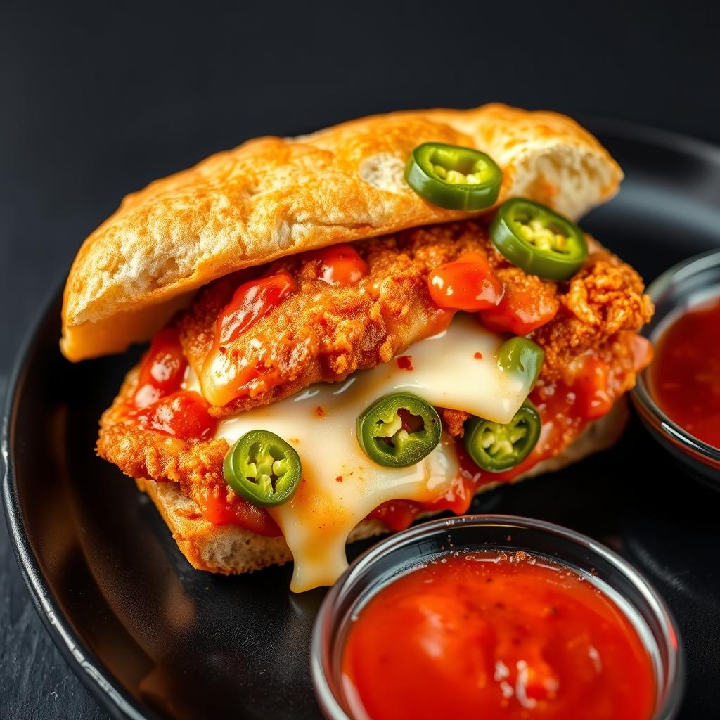 Spicy chicken parm sandwich with jalapeños and pepper jack cheese Spicy chicken parm sandwich with jalapeños and pepper jack cheese