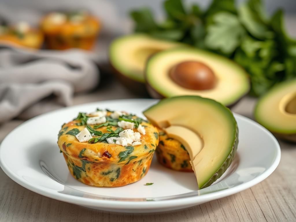 Spinach and feta egg muffins with avocado slices on a white plate