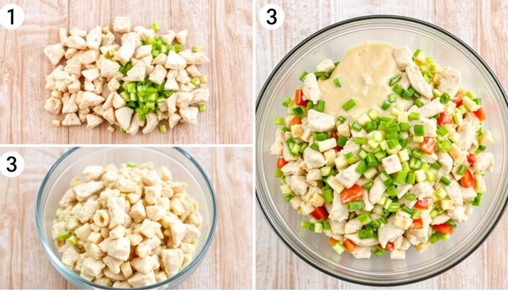 Step by step process of making chicken salad showing chopping and mixing ingredients Step by step process of making chicken salad showing chopping and mixing ingredients