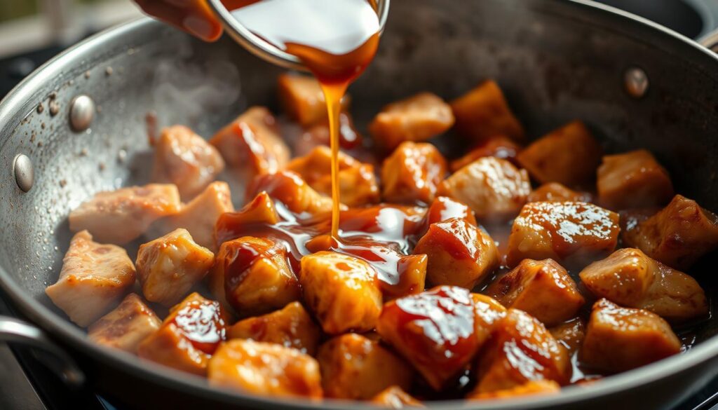 Teriyaki chicken cooking in a pan with sauce being added Teriyaki chicken cooking in a pan with sauce being added