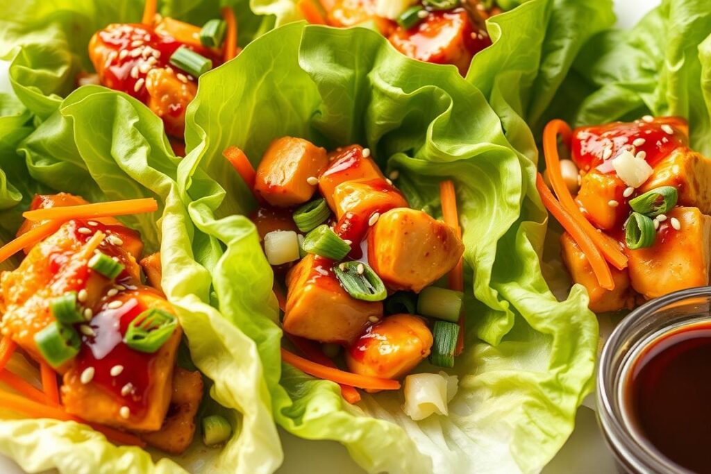 Teriyaki chicken lettuce wraps with garnishes Teriyaki chicken lettuce wraps with garnishes