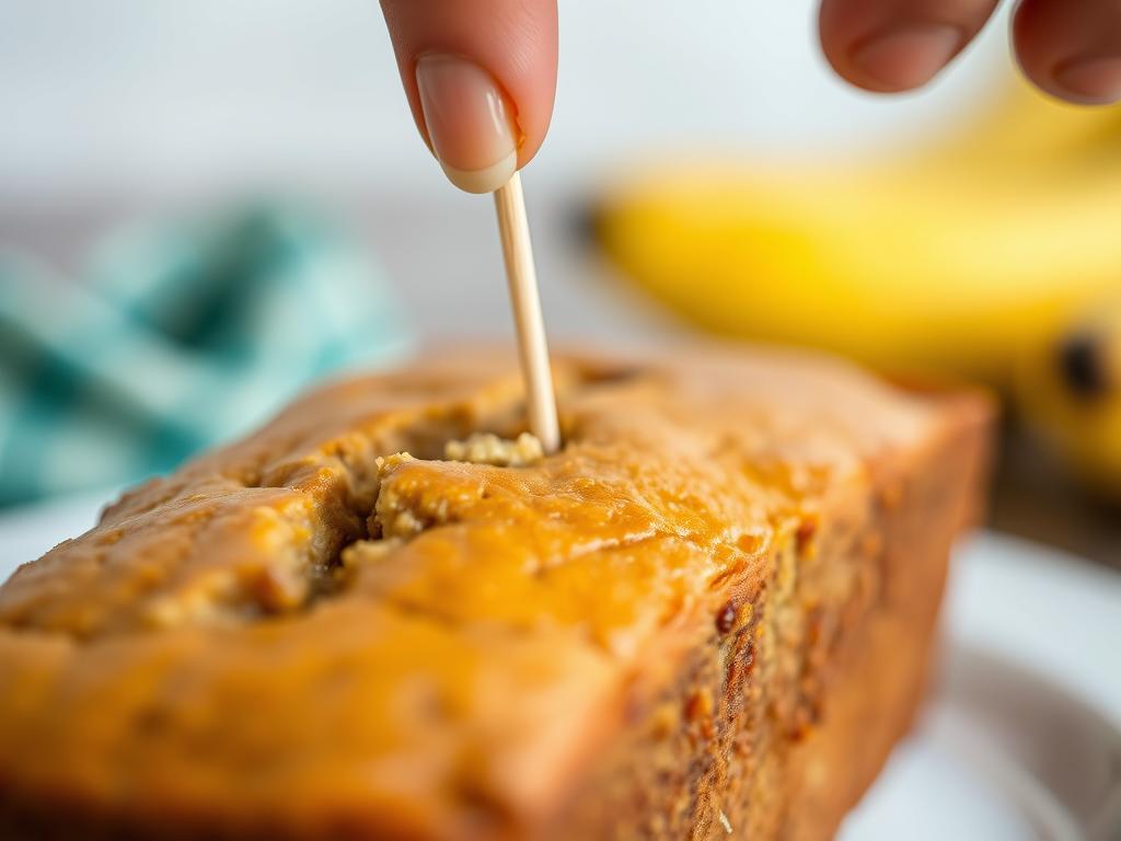 Testing Banana Nut Bread with a toothpick for doneness Testing Banana Nut Bread with a toothpick for doneness