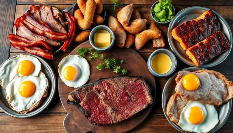 Various carnivore diet meals including steak, eggs, and organ meats arranged on a wooden table