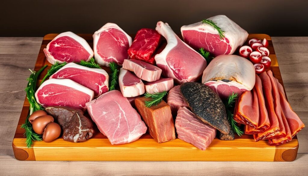 Various cuts of high-quality meat including steaks, organ meats, and fish arranged on a butcher block