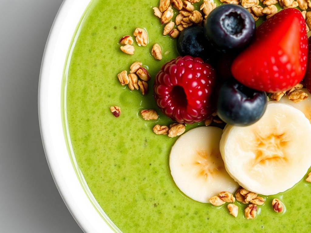Vibrant green smoothie bowl topped with berries, granola and seeds Vibrant green smoothie bowl topped with berries, granola and seeds