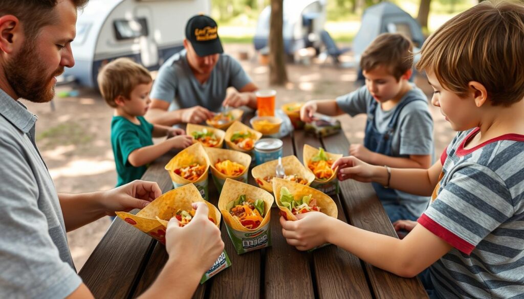 Walking tacos with various toppings being assembled at a campsite Walking tacos with various toppings being assembled at a campsite