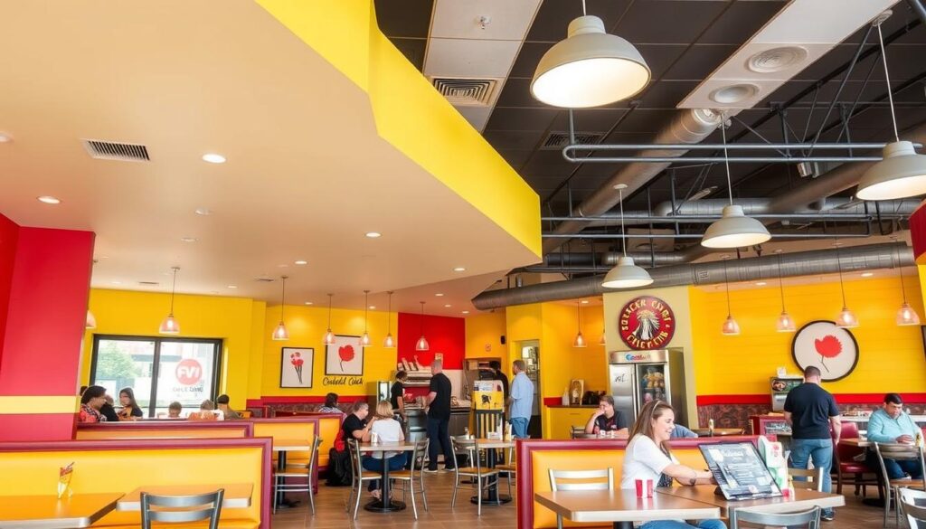 Warm, inviting interior of a Chicken Salad Chick restaurant showing Southern-inspired decor Warm, inviting interior of a Chicken Salad Chick restaurant showing Southern-inspired decor
