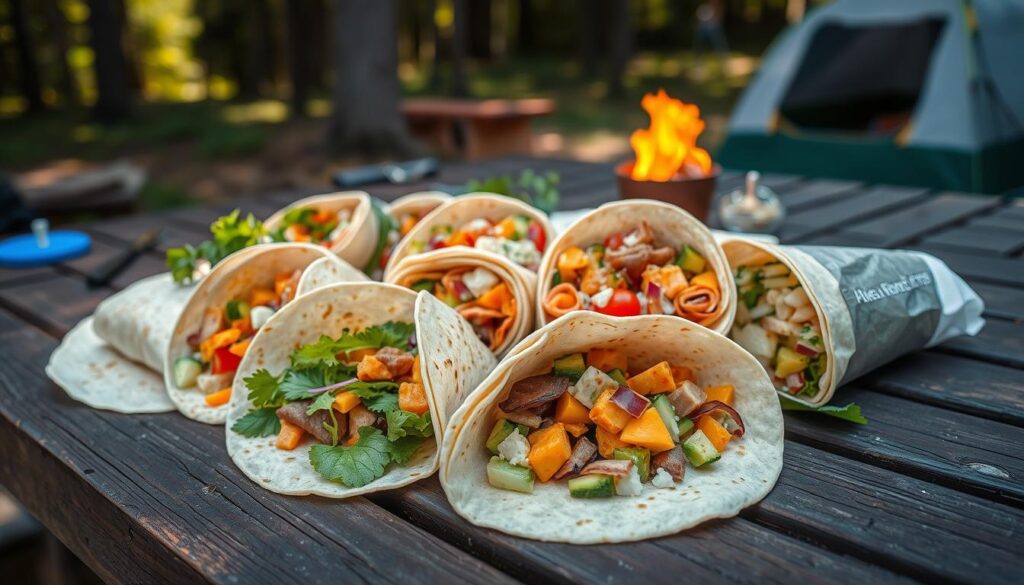 Wraps with various fillings laid out on a camping table Wraps with various fillings laid out on a camping table