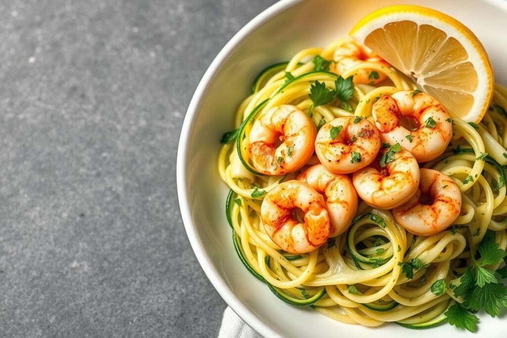 Zucchini noodles with garlic shrimp in a bowl