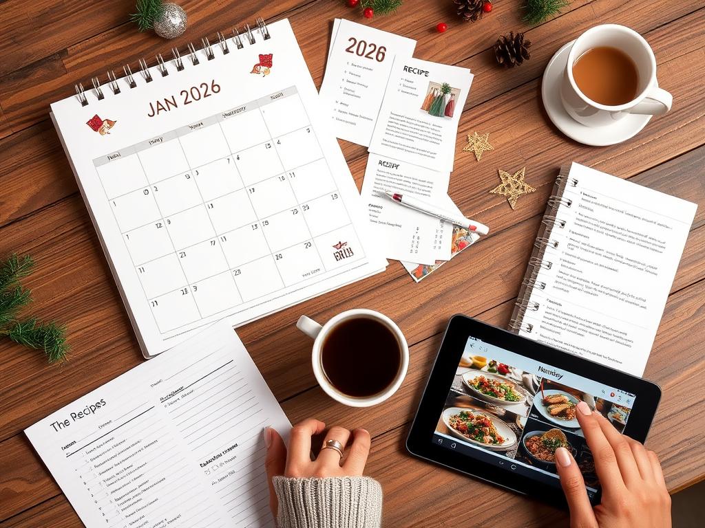Person planning New Year's menu with calendar and recipe cards for 2026 New Year Super Recipes