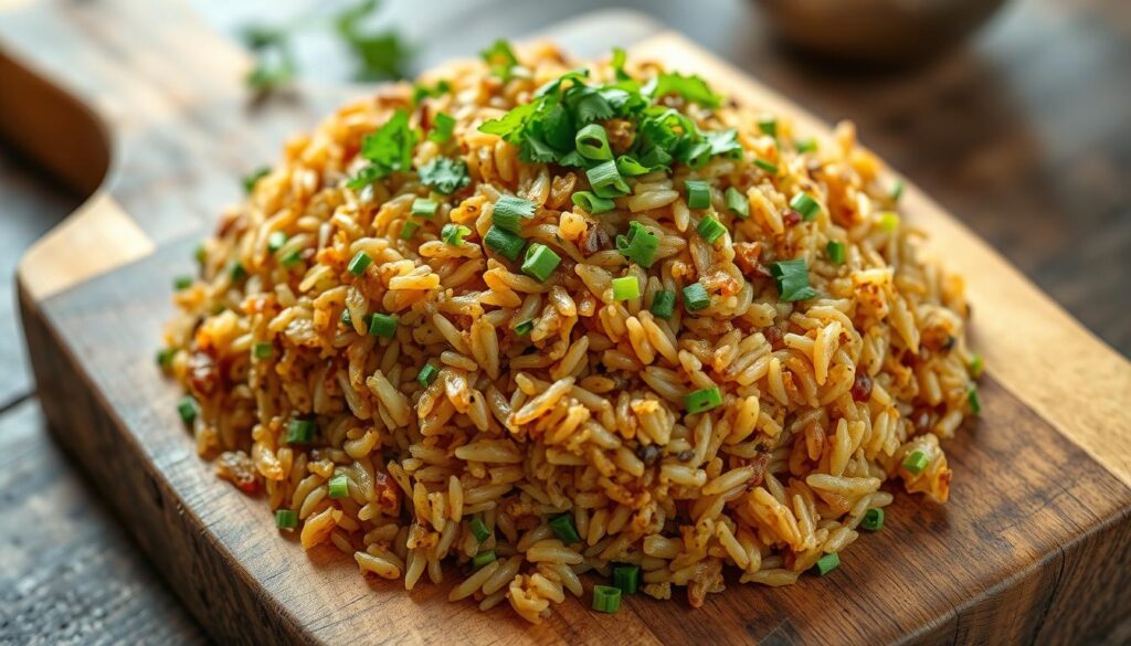 dirty rice garnished with fresh herbs