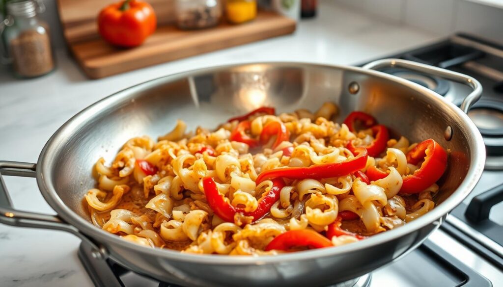sautéing onions and bell peppers sautéing onions and bell peppers