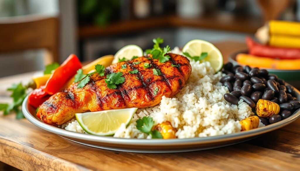 Mexican chicken served with rice, black beans, and roasted vegetables Mexican chicken served with rice, black beans, and roasted vegetables