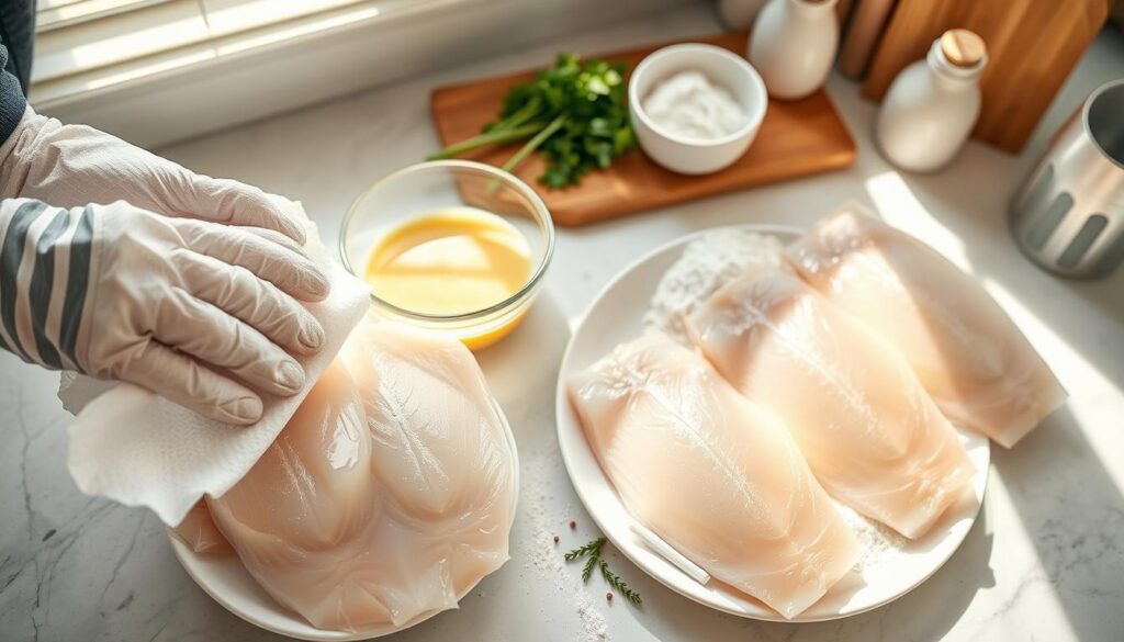 Preparing fish fillets for beer batter coating Preparing fish fillets for beer batter coating