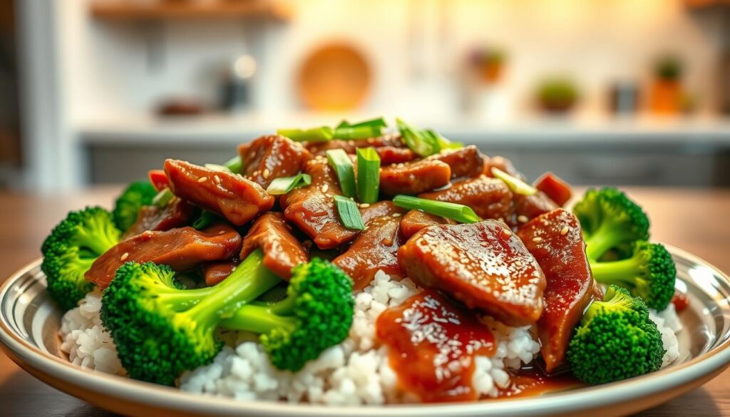 beef and broccoli served with rice and garnishes beef and broccoli served with rice and garnishes