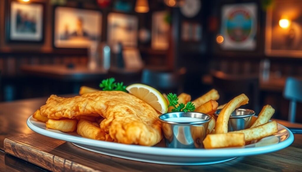 beer battered fish served with classic fish and chips presentation beer battered fish served with classic fish and chips presentation