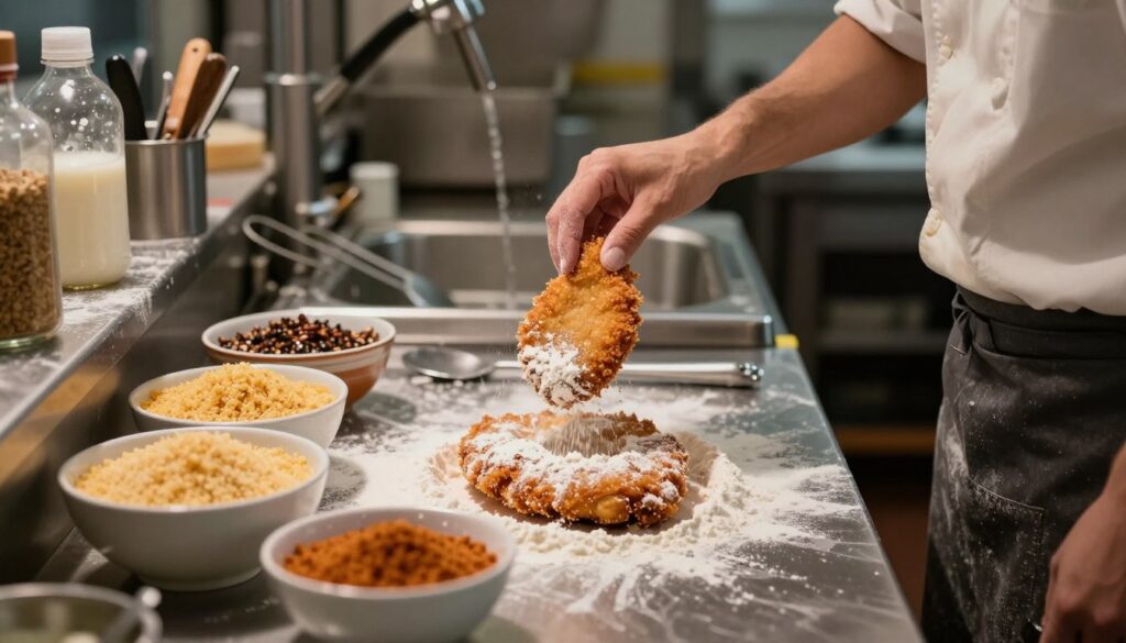 crispy chicken cutlet being breaded at dredging station crispy chicken cutlet being breaded at dredging station