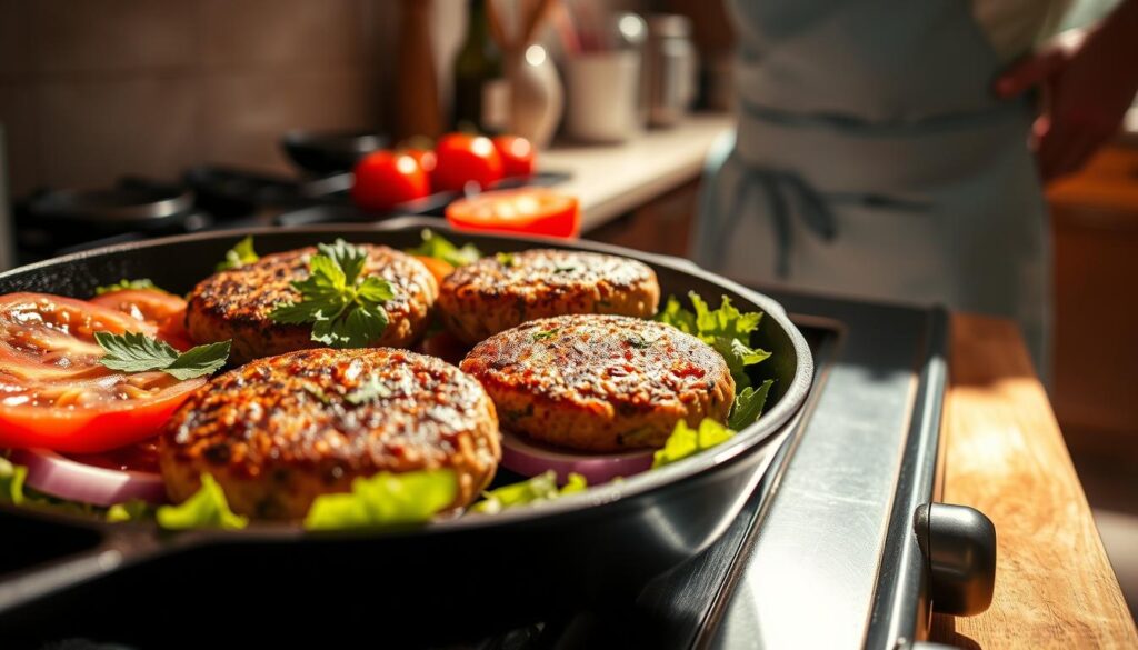 homemade turkey burgers cooking on stovetop homemade turkey burgers cooking on stovetop