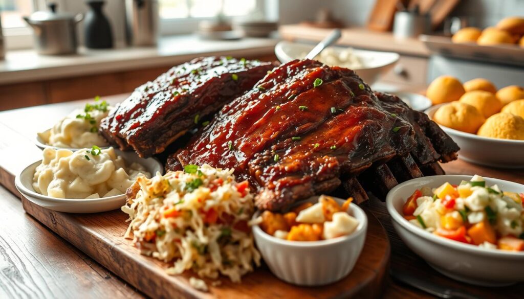 oven baked beef ribs served with side dishes