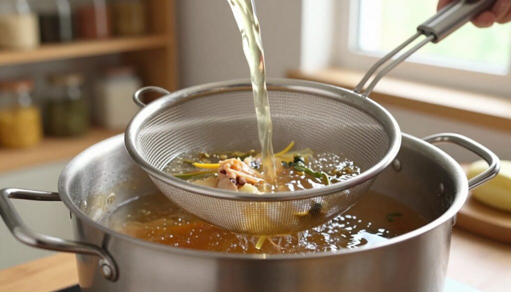 straining homemade chicken stock through fine mesh straining homemade chicken stock through fine mesh