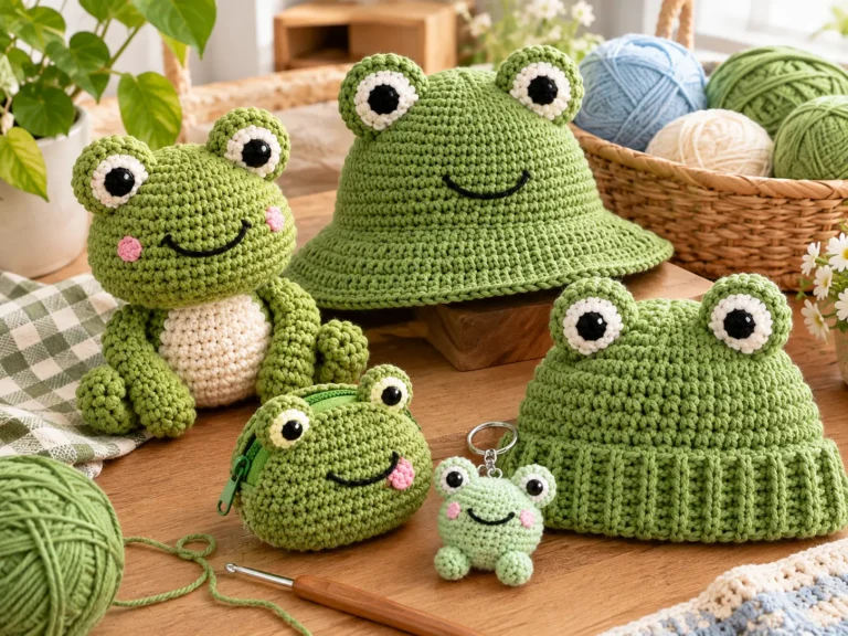 Cute frog crochet ideas including an amigurumi frog, bucket hat, and keychain in green yarn on a cozy craft table
